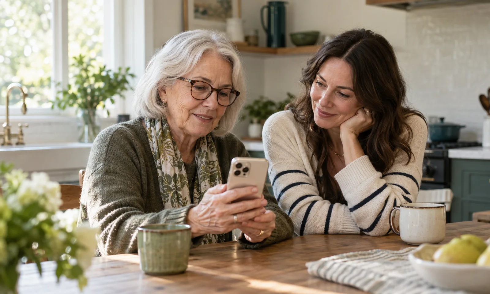 An older woman independently using an iPhone beside her supportive adult daughter